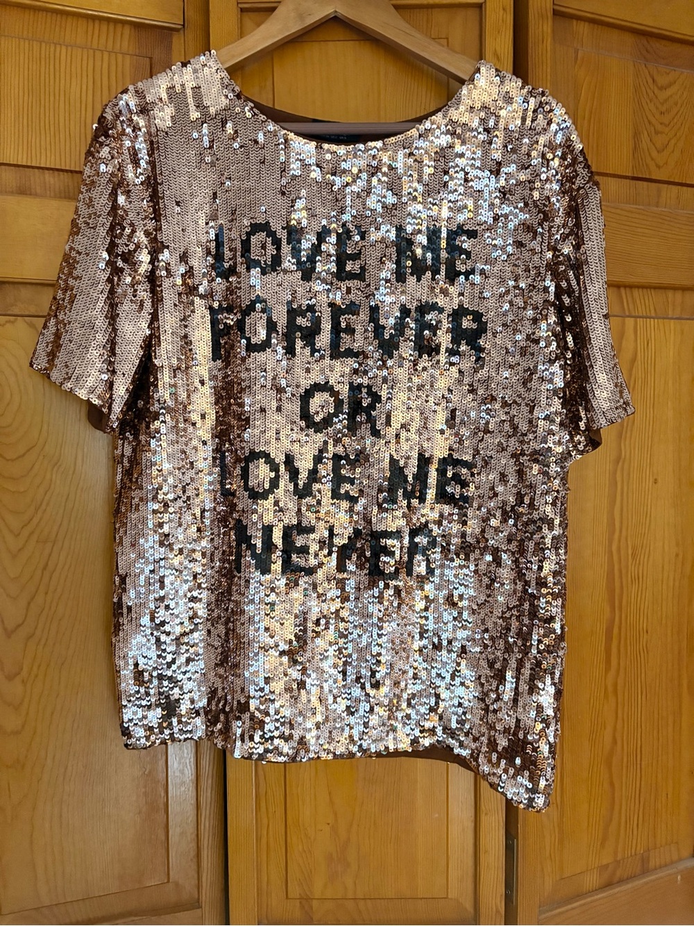 Topshop Rose Gold Sequin Short Sleeve Tee with Black Lettering